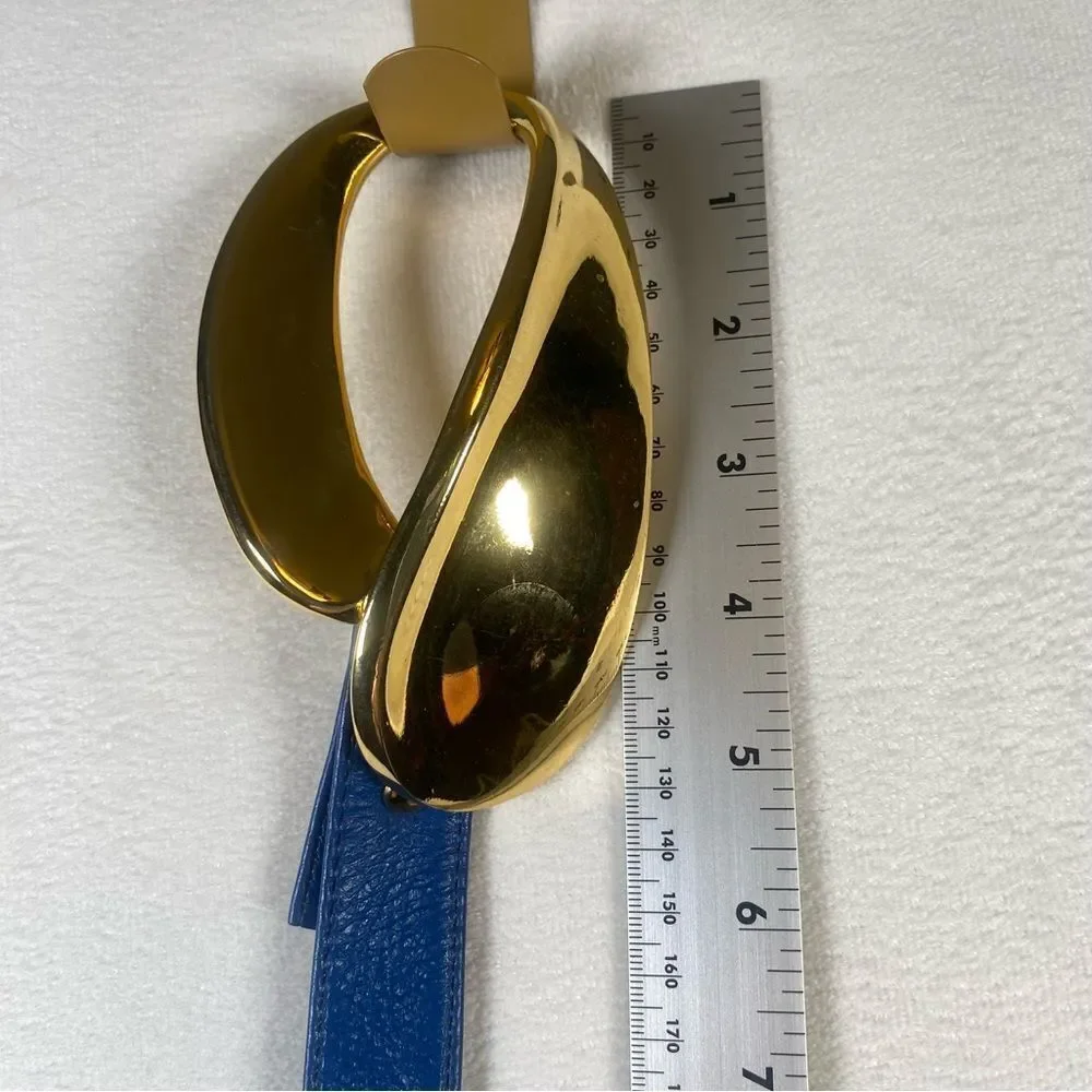 Alexis Kirk NY Paris London Blue Pebble Leather Belt W/Gold Abstract Buckle